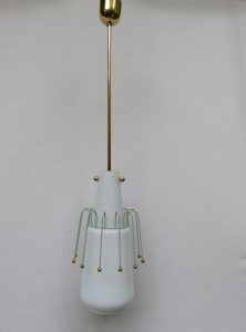 D28 - Deckenleuchte, 50er Jahre, Glas, Messing, lackiertes Metall, Italien
