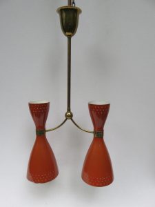 D51 - Deckenleuchte, 50er Jahre, Italien, Diabolo, Messing, Aluminium orangebraun lackiert
