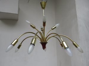 D7 - SOLD - Deckenleuchte, Sputnik, 50er Jahre, 12armig, Messing