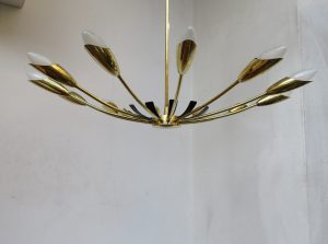 D66 - SOLD - Deckenleuchte, Sputnik Sunburst, Italien, 50er Jahre, 12armig, Messing