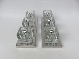 D98 - 1 Paar Deckenleuchten oder Wandleuchten, Peill & Putzler, 60er/70er Jahre, Klarglas, Würfel, Metall verchromt