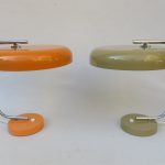 T134 - 1 Paar Tischleuchten, Schreibtischleuchten, 70er Jahre, Hustadt-Leuchten, verchromt, hellbraun und helles orange
