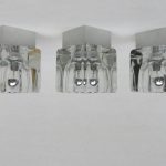D108 - 3 Stück Deckenleuchten / Wandleuchten, 70er Jahre, Peill & Putzler, Aluminiumsockel, Glas
