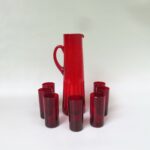 K164 - 8tlg. Set Krug, Saft- oder Wasserkrug, mit 7 Gläsern, Reijmyre Sweden, Monica Bratt, rot, 50er Jahre