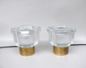 T235 - 1 Paar kleine Tischleuchten "Blüten", 70er Jahre, Limburg, Glas, vermessingt