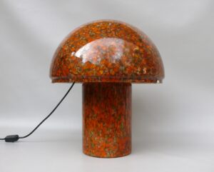 T236 - große Pilzleuchte, Peill & Putzler, 70er Jahre, Überfangglas orange, grün schwarz beige geflammt